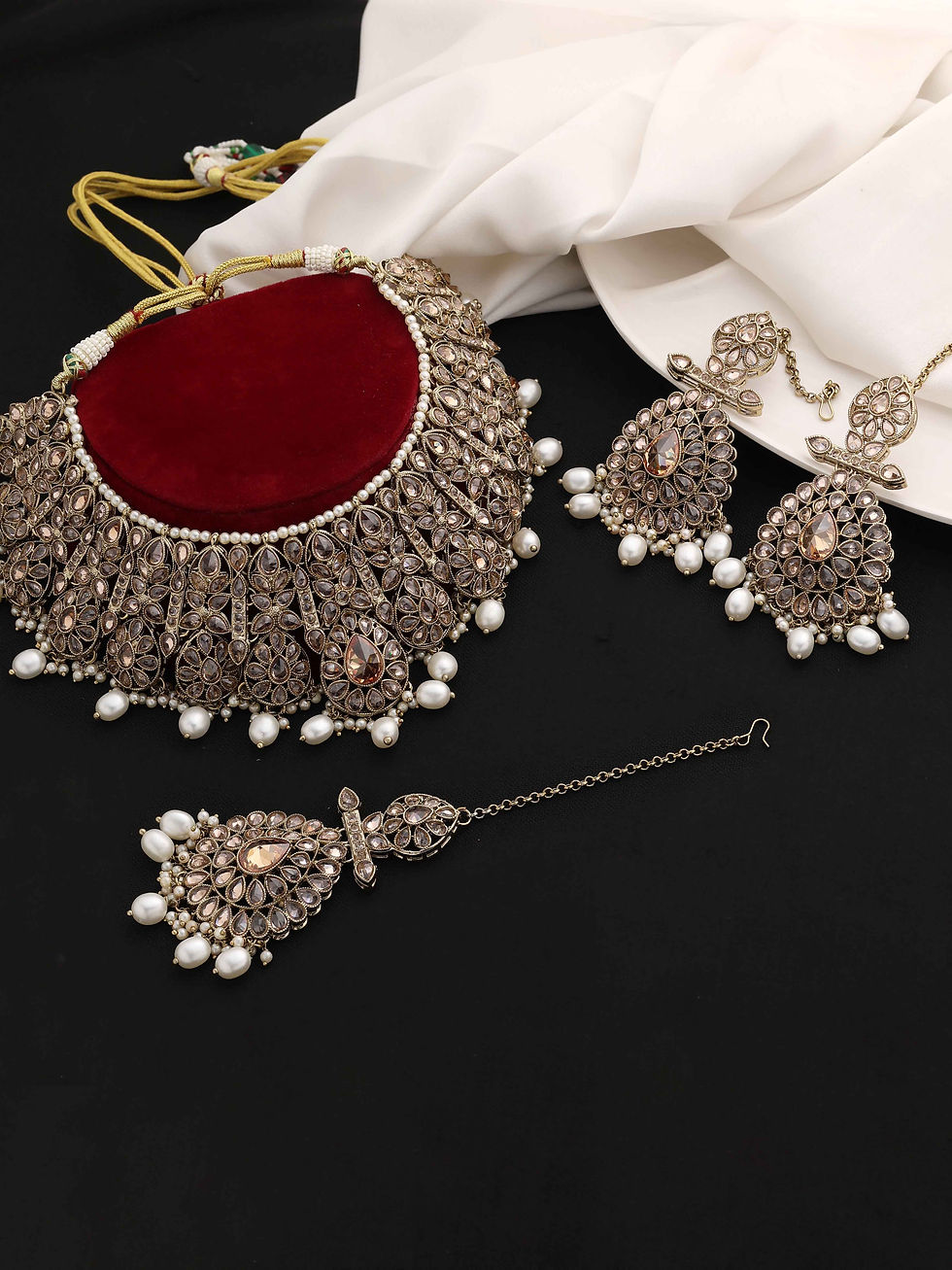 Thumbnail: Reverse AD Necklace | Mehandi Plated | Choker Necklace Set | Bridal Necklace Set