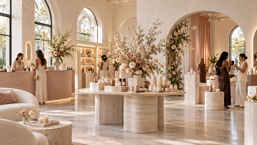 Guests at a daytime luncheon in a sunlit arched venue with white floral arrangements