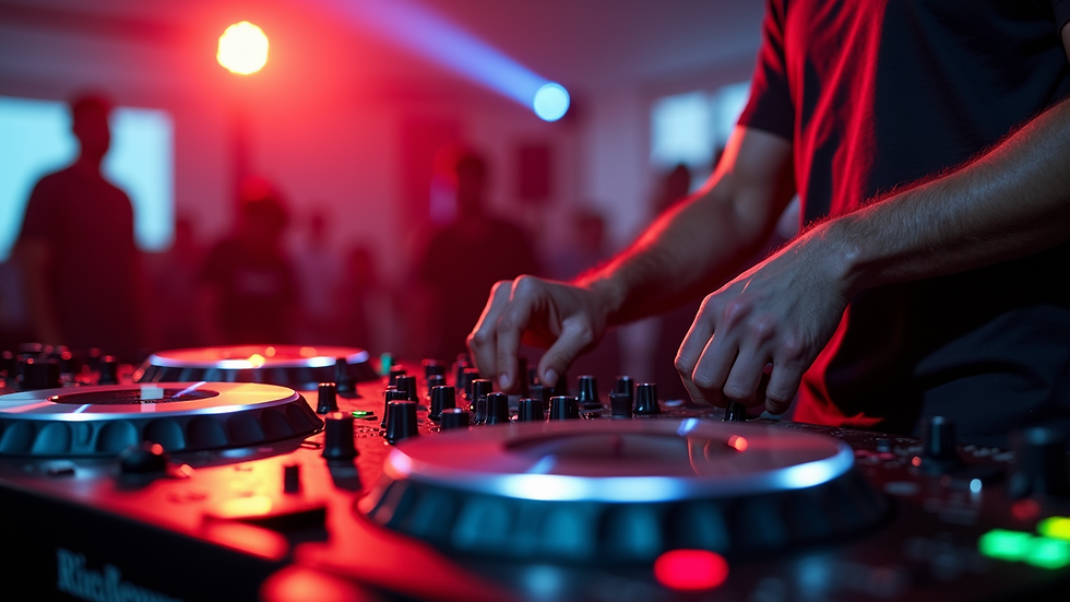 Close-up view of a DJ mixing music at an event