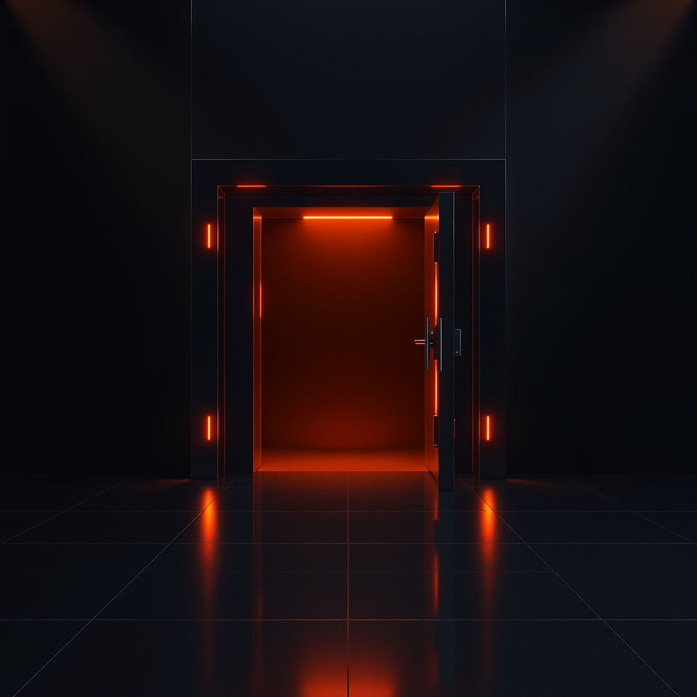 A 3D glowing orange minimalist digital vault entrance in a deep black room. The vault door