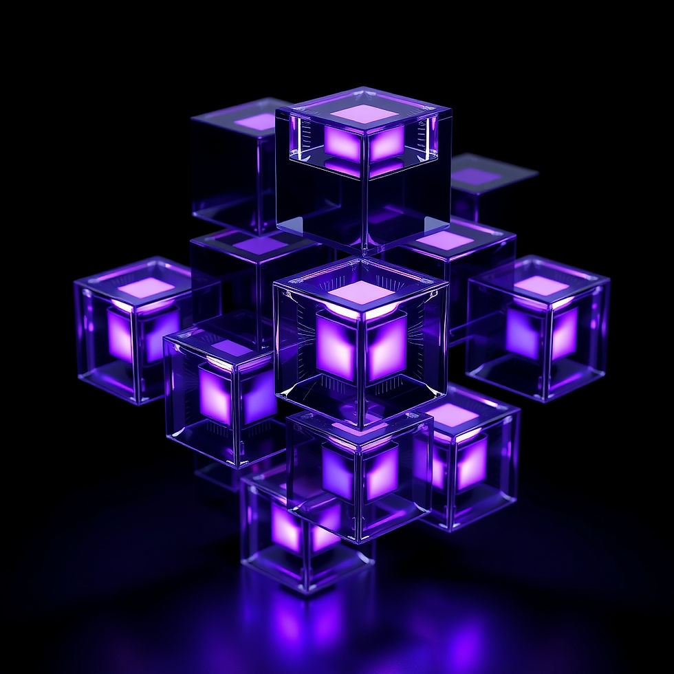 tech dark 3D glass cluster of translucent glass cubes with glowing violet cores, floating