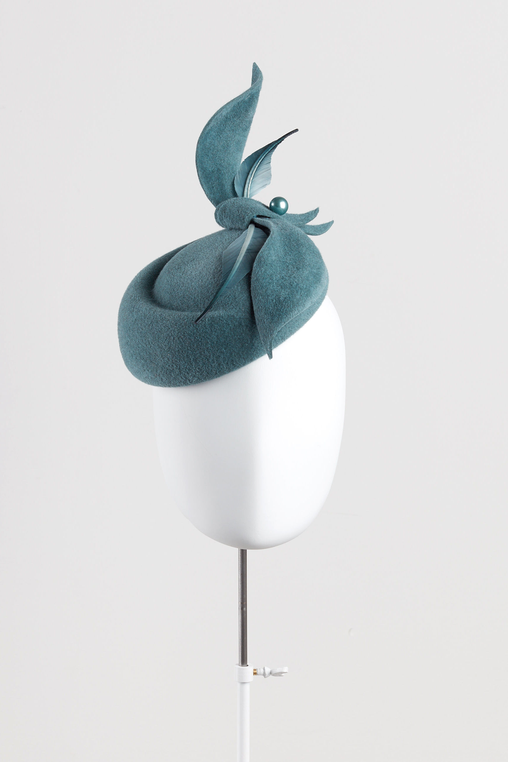 Aratani felt pillbox hat for winter weddings and events - front view