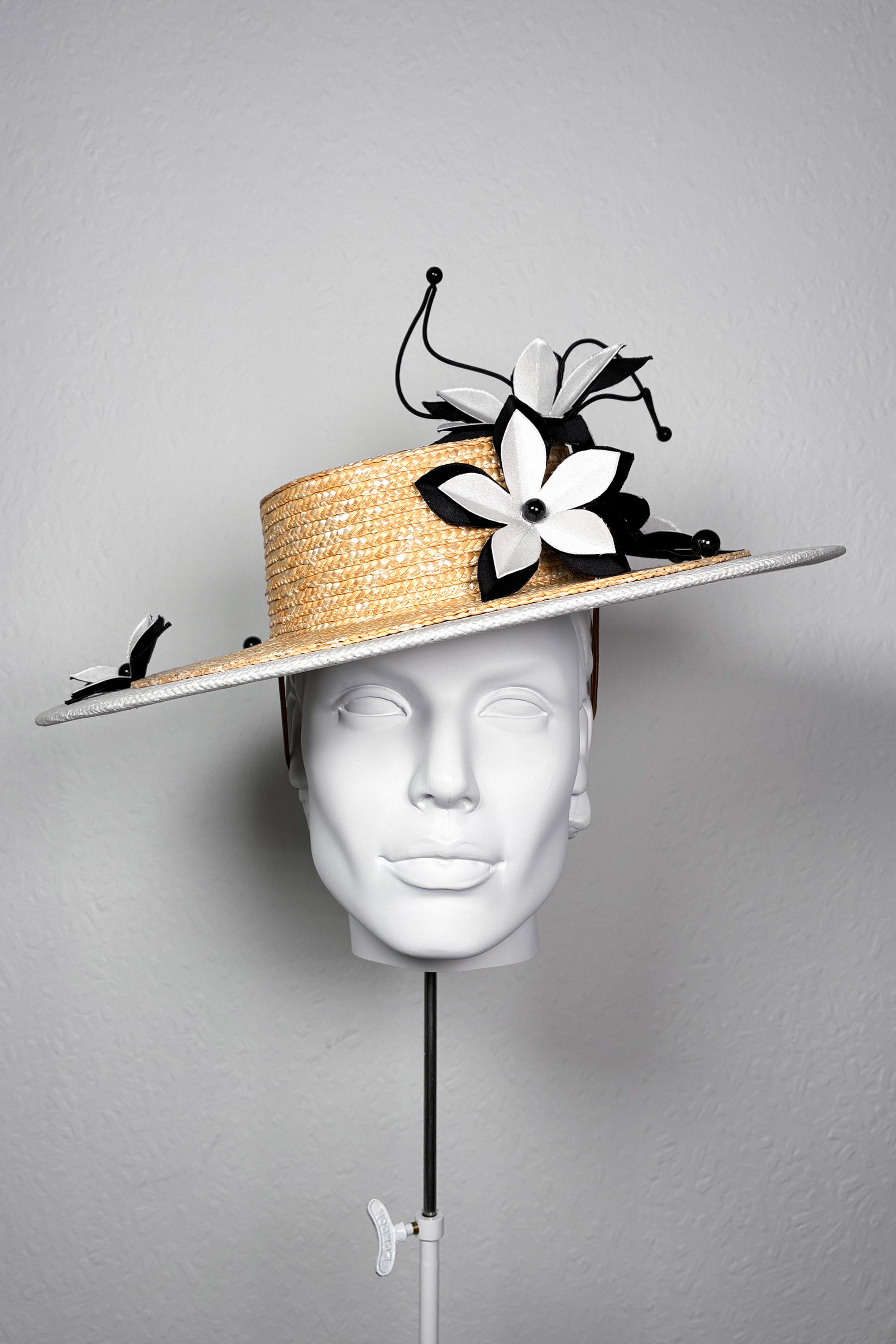 Constance natural and white straw boater with origami flowers - front view