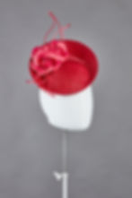 Agate small tilted saucer hat with spray of silk camellias - side view