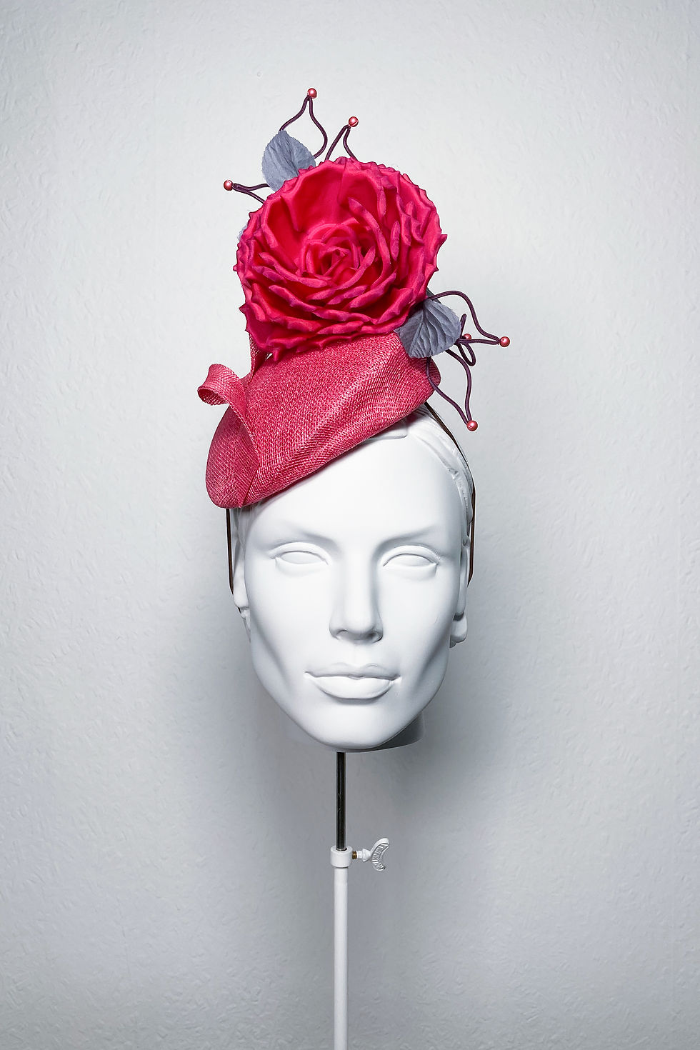 ready-to-ship Tilda raspberry pink straw pillbox hat with loop bow and large rose for weddings and events - front view