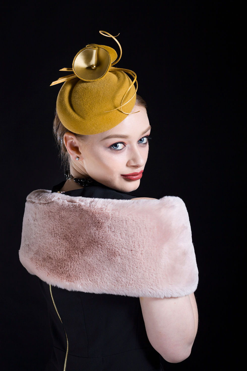 Thumbnail: Asagao felt fascinator with felt abstract flowers and quills for winter wedding and event