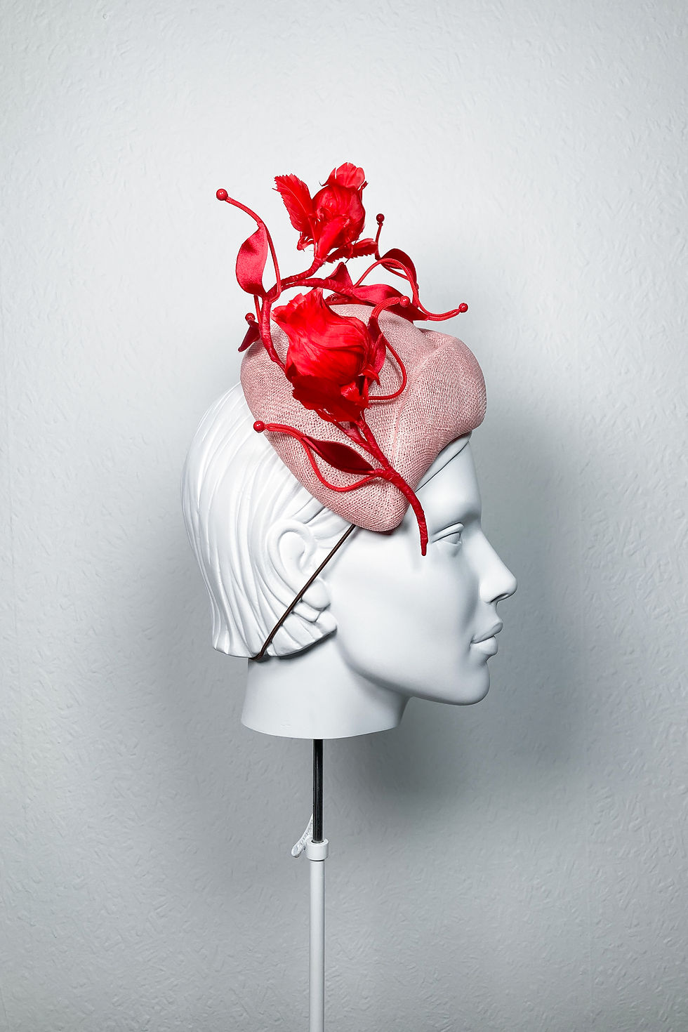 Sally-Ann Provan - Ottilie sinamay Royal Ascot summer teardrop percher pillbox hat with red roses - profile right view
