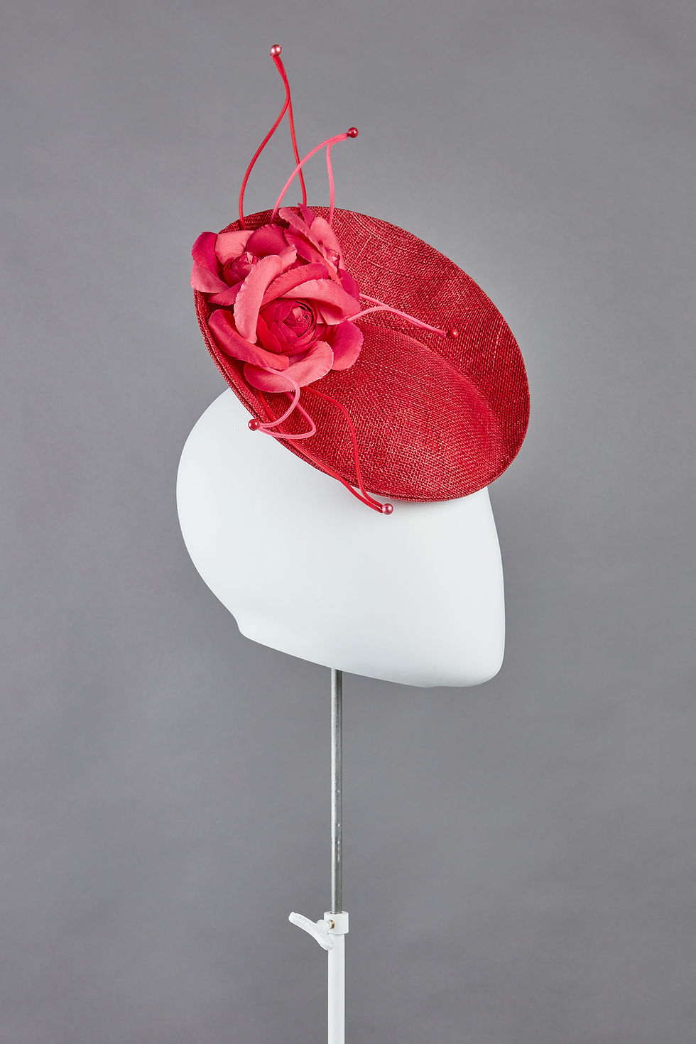 Thumbnail: Agate small tilted saucer hat with spray of silk camellias and openwork leaves