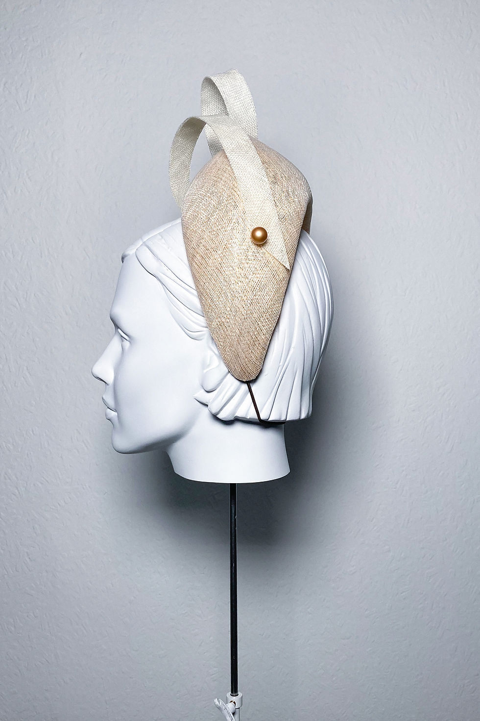 Thumbnail: Sally-Ann Provan - Luna - ready-to-ship gold and ivory sinamay halo bandeau headband hairband - profile left view