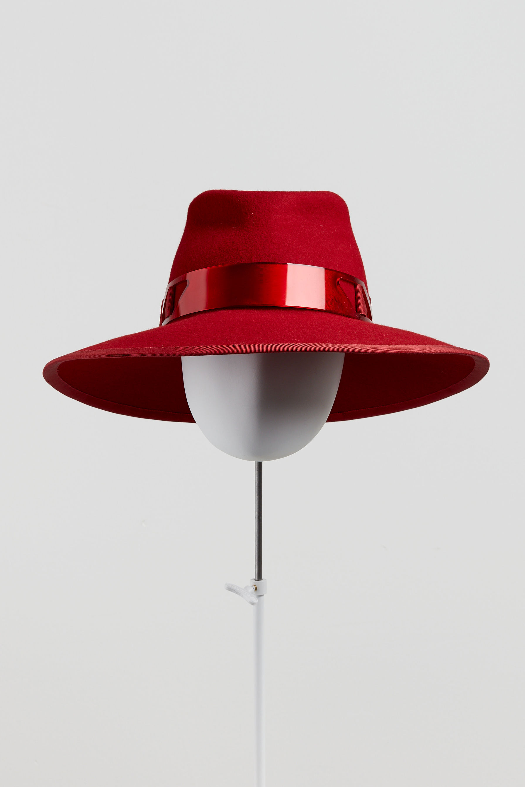 Sally-Ann Provan - Blair wool felt fedora hat with acrylic trim - berry red - front view