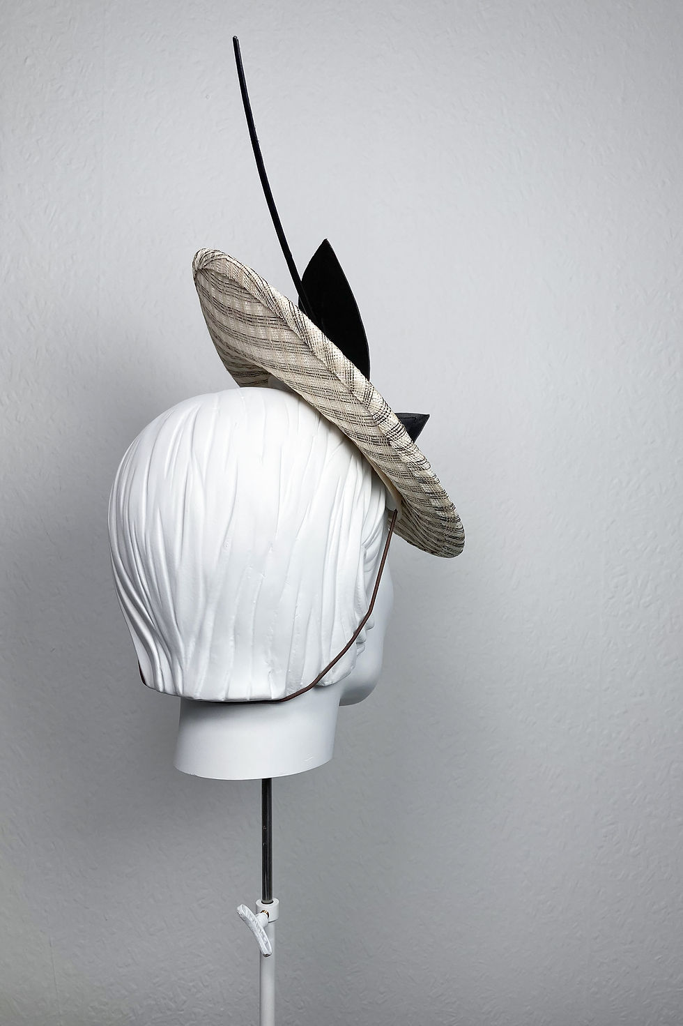 Thumbnail: ready to ship Maru small hatinator saucer hat with origami leaf trim, quill, and two pearls - back view