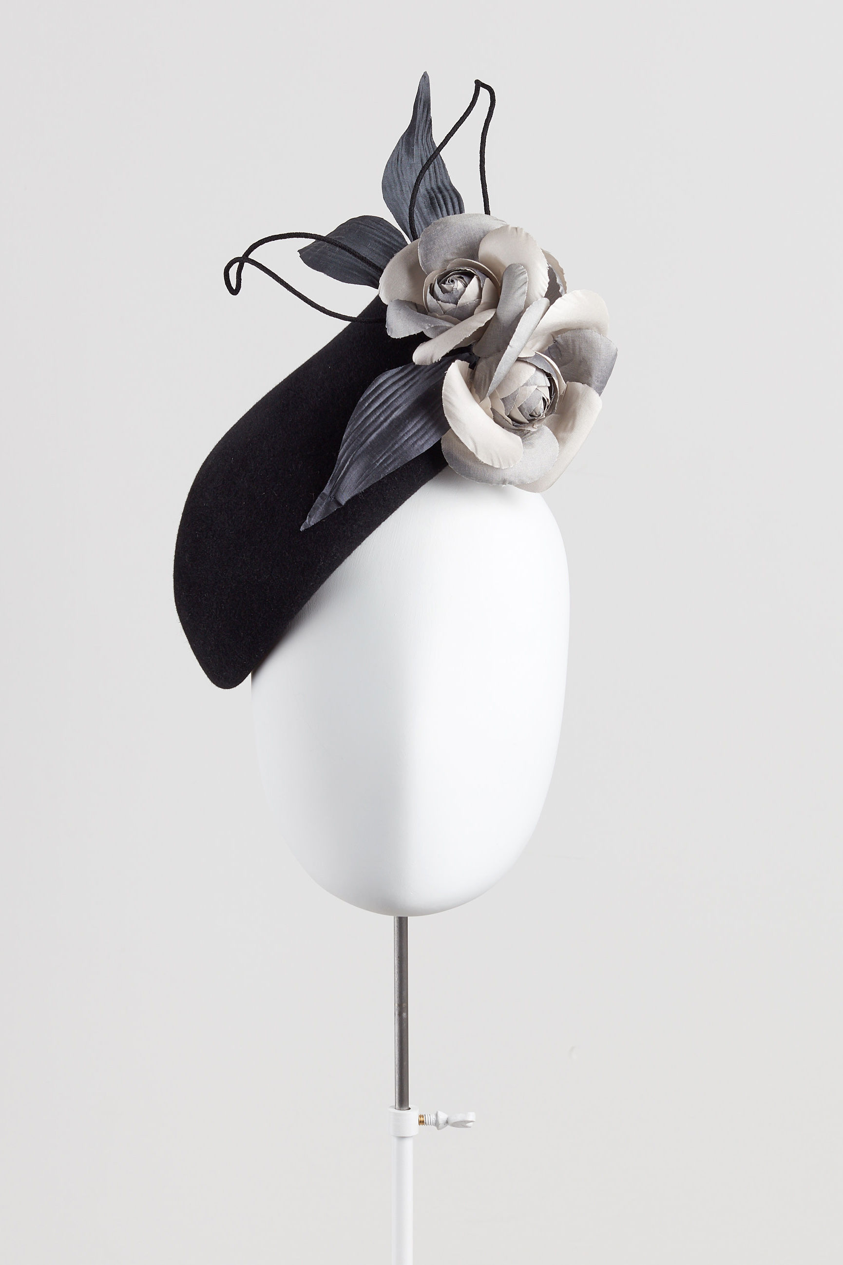 Yoru felt pillbox hat with silk camellias - front view