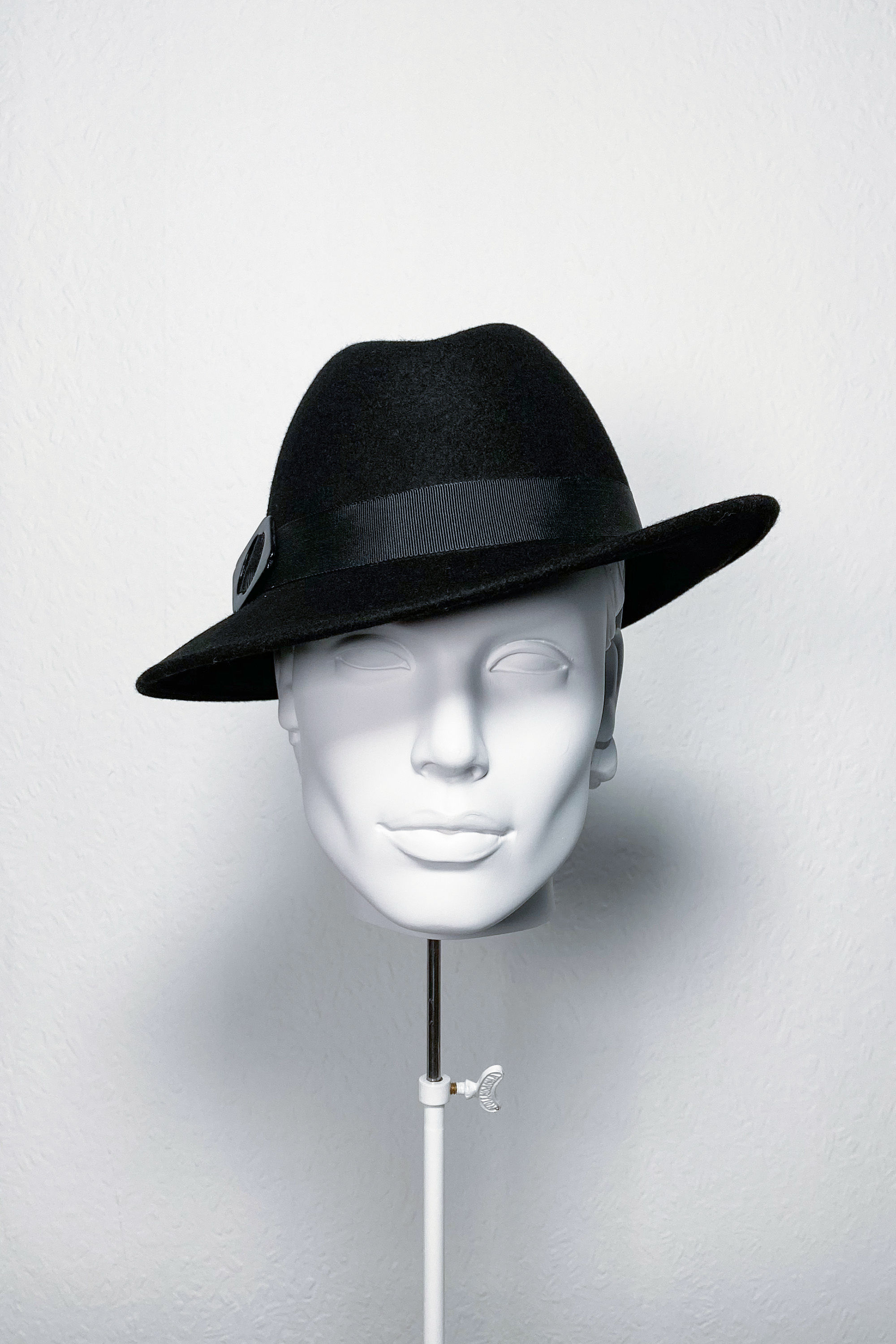 Sally-Ann Provan - Rowan black ready-to-ship wool felt fedora hat with vintage buckle trim - front view