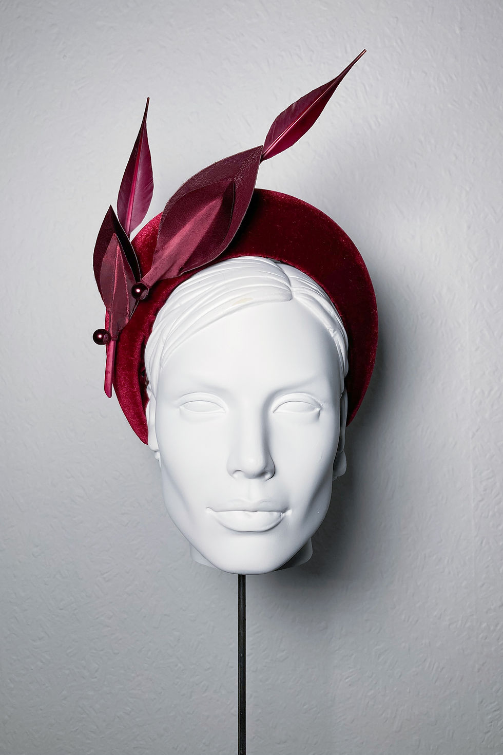 Sally-Ann Provan RIO Winter and Spring velvet bandeau headband with abstract leaf trimming - front view