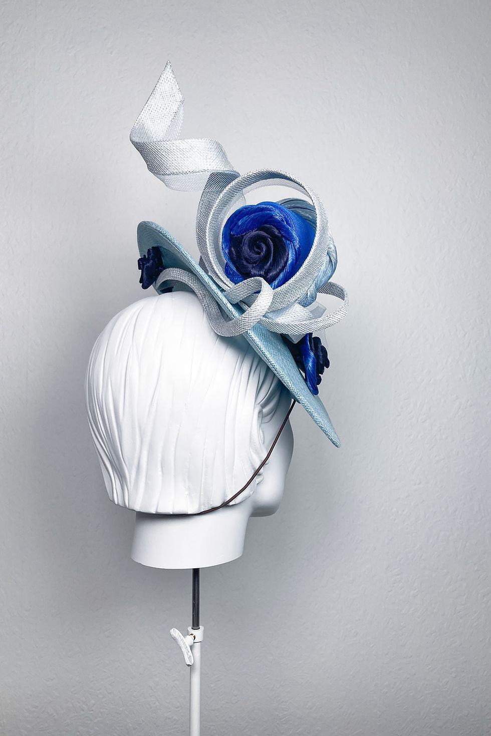 Thumbnail: Sally-Ann Provan Seraphine blue sinamay saucer disc hat with handmade roses - back view