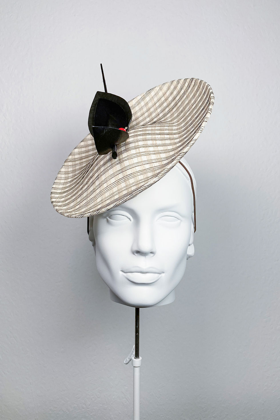ready to ship Maru small hatinator saucer hat with origami leaf trim, quill, and two pearls - front view