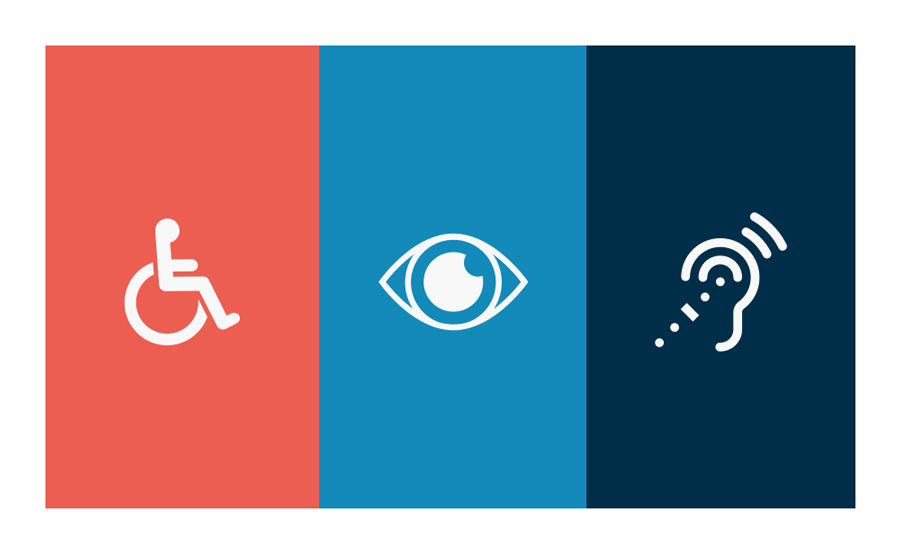 image of person in wheelchair, eye, and ear/hearing