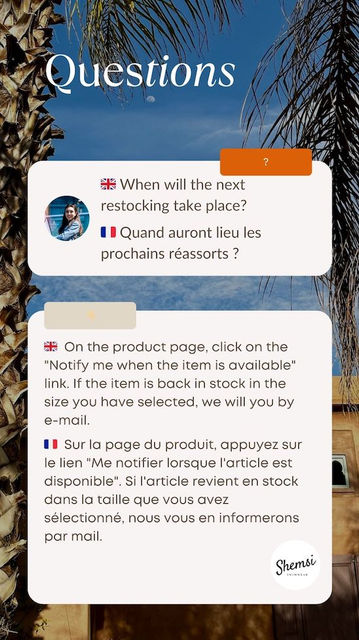 Texte explicatif en image pour savoir quand les réassorts des burkinis Shemsi Swimwear sont faits