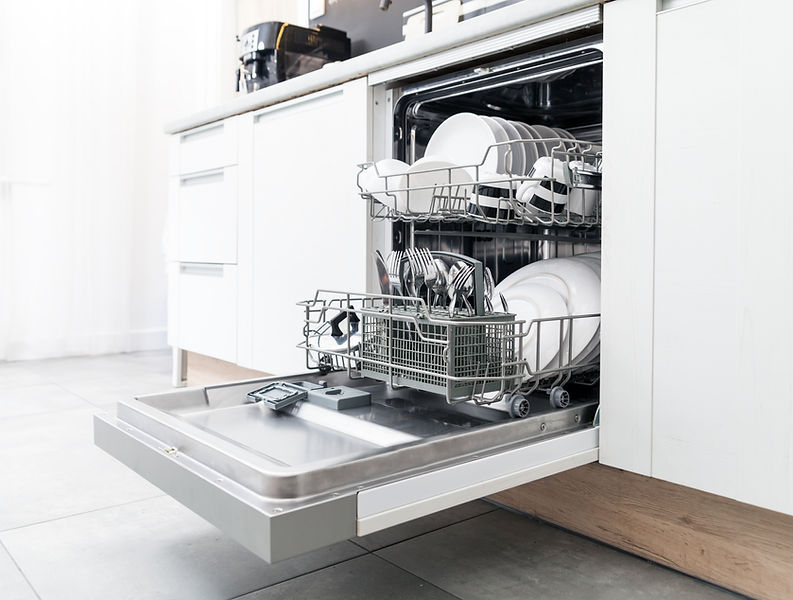 Close-up view of a fully loaded dishwasher
