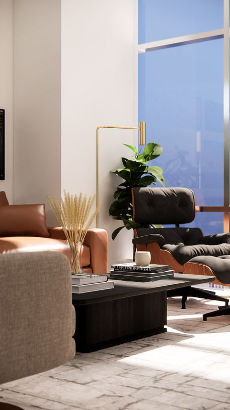 Living room seating vignette in Jersey City, New Jersey with leather sofa, lounge chair, sculptural floor lamp, and city-view backdrop