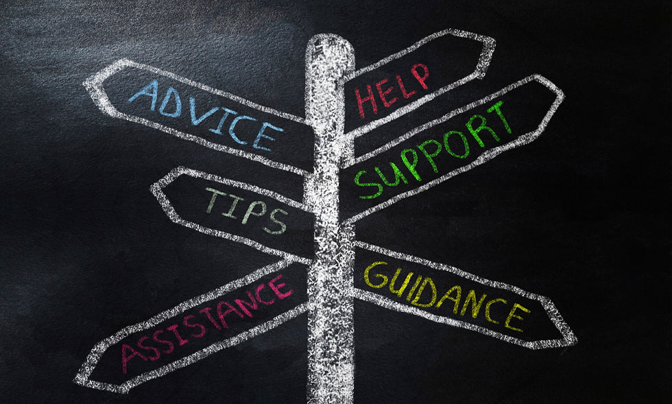 a chalk drawing of street signs indicating advice, support, help, tips, guidance.