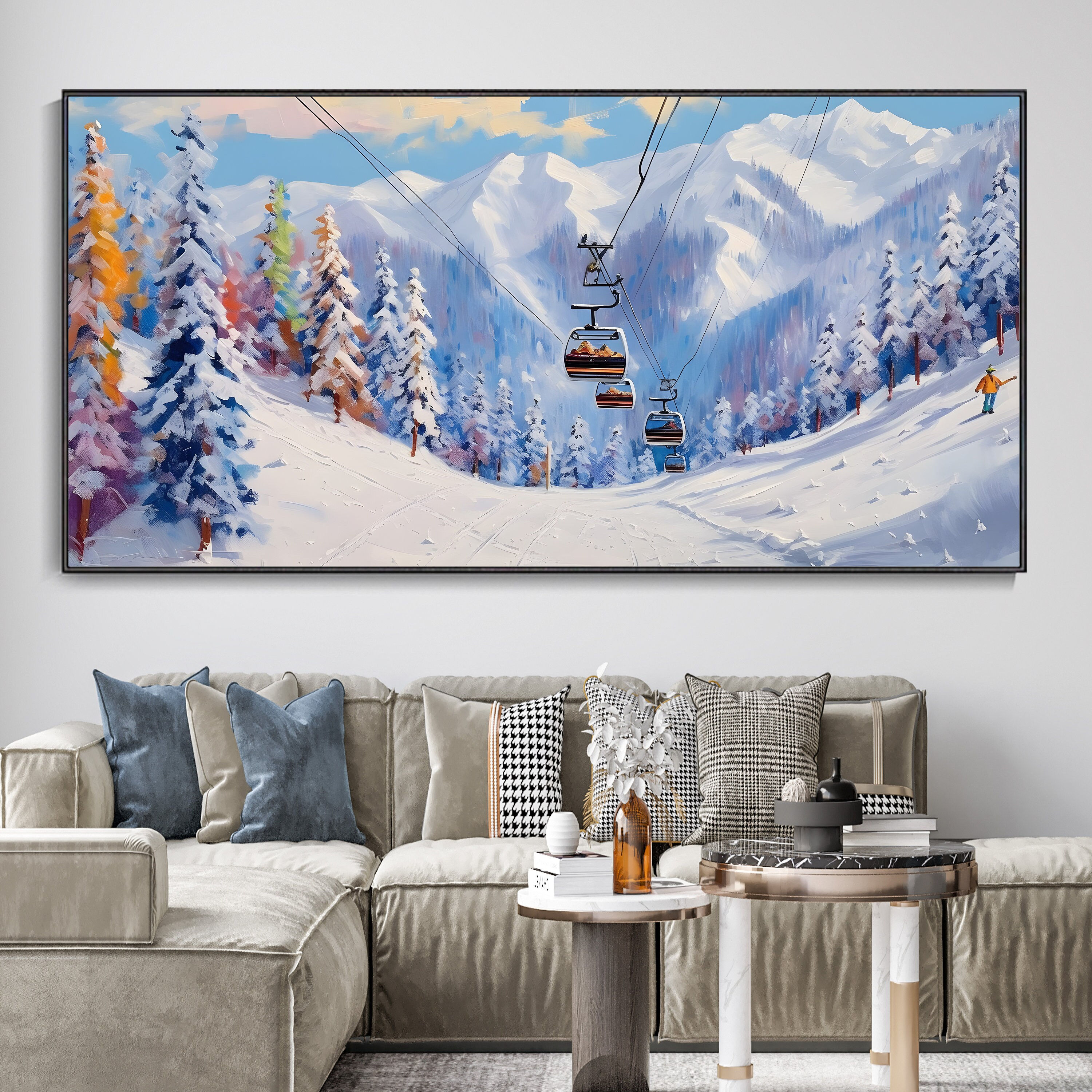 White Ski Canvas Oil Painting, Ski Resort Texture Art, Colorful Pine Tree Hand 