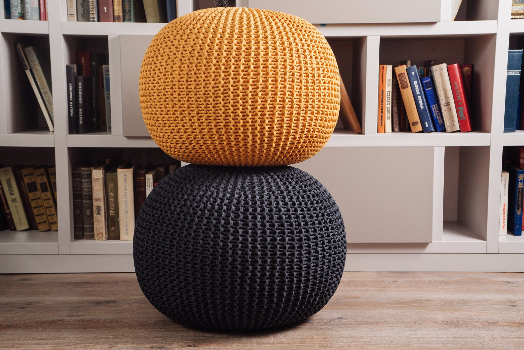 Handmade pouf ottoman, Graphitemustard pouf, Crochet floor pillow, Knitted otto