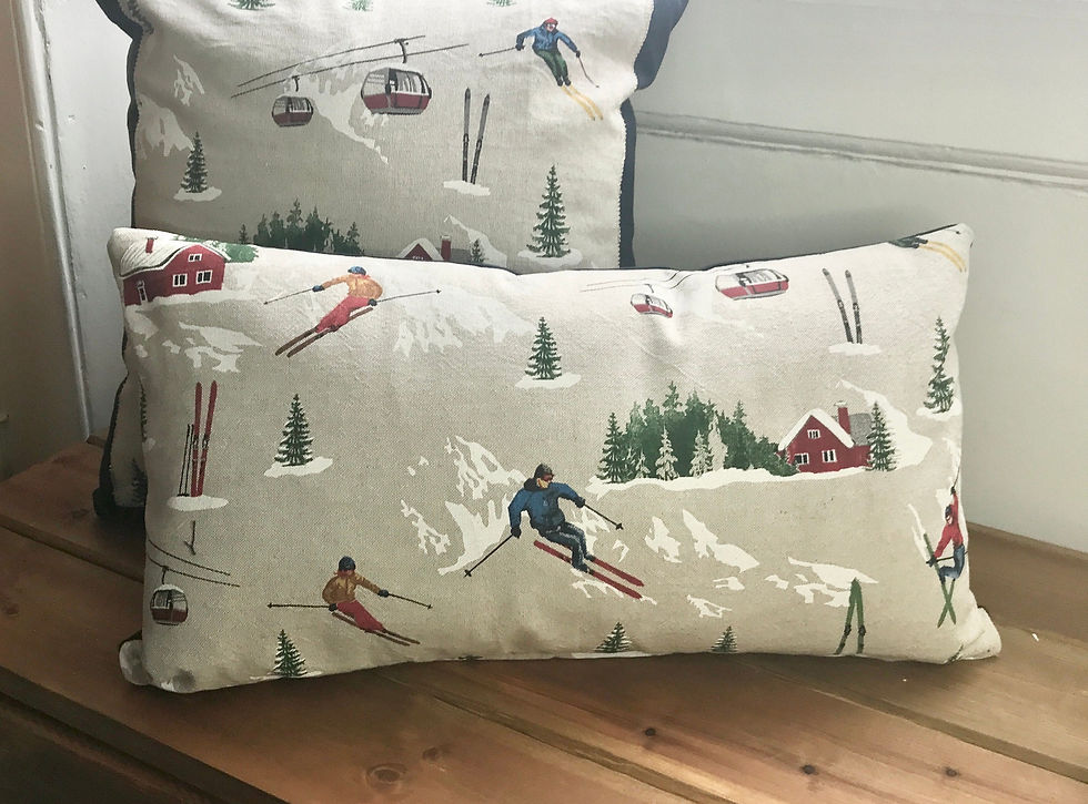 Zipped Rectangular Ski Cushion Cover throw pillow cover featuring skiers, cabi