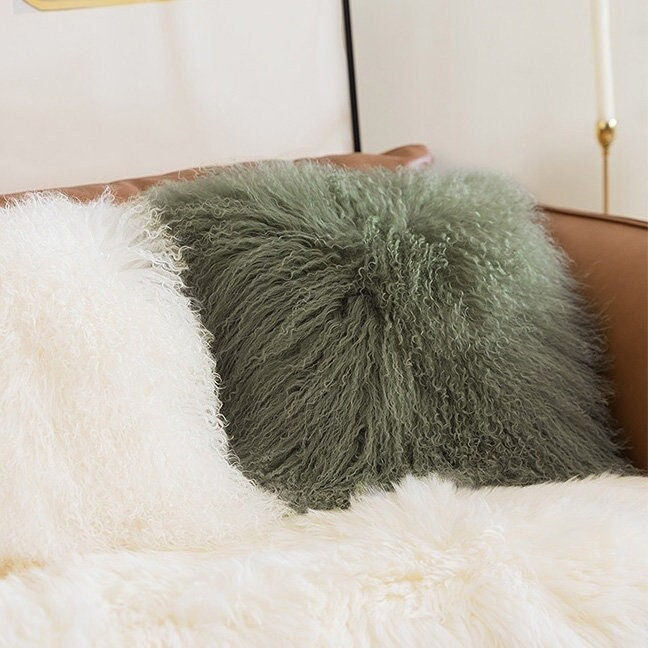 Mongolian lamb Fur Pillow Cushion Case in Olive