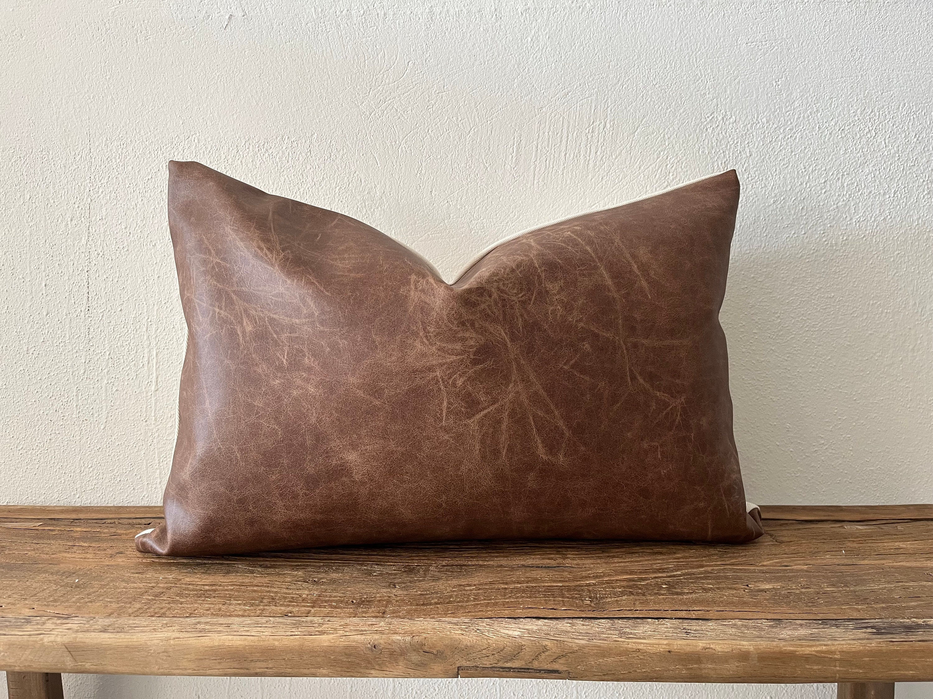 Brown faux leather pillow cover Distressed leather pillow Cognac leather pillow