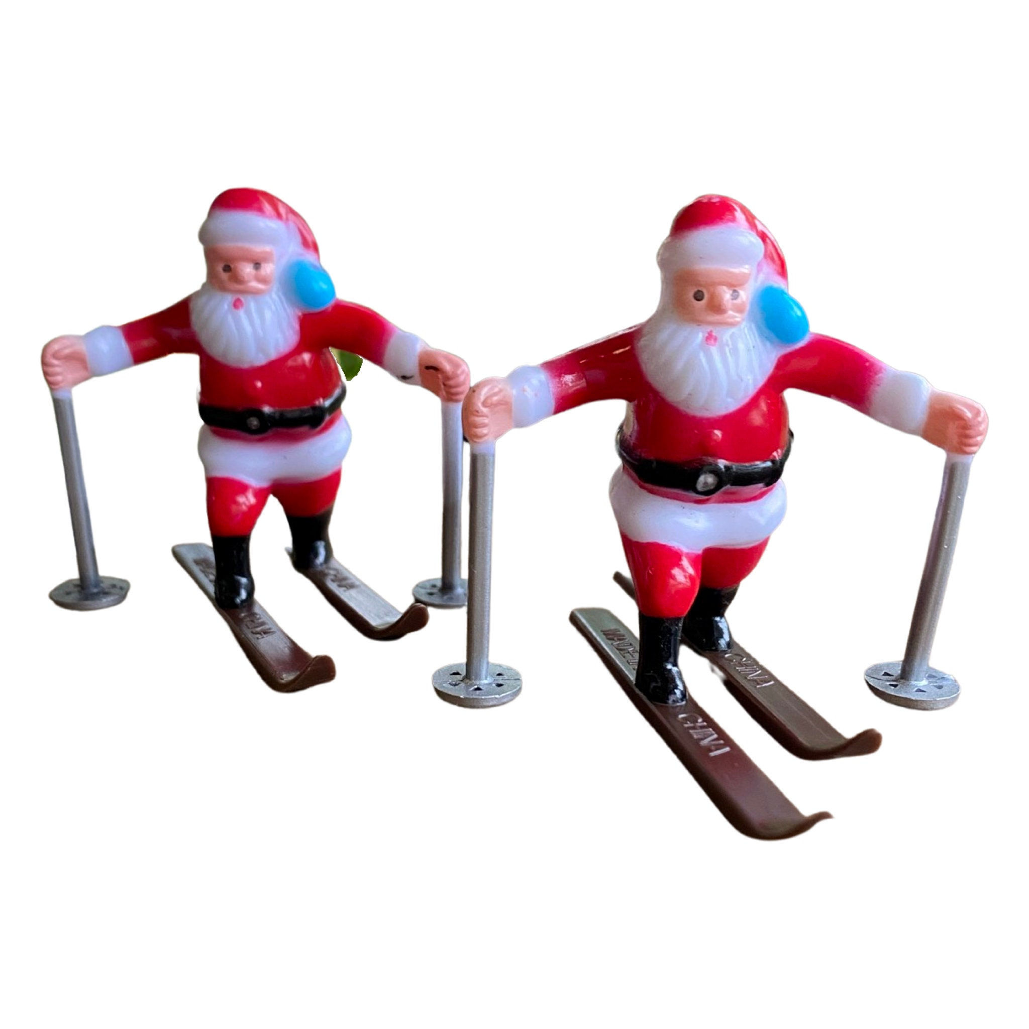 2 Happy Skiing Santas, Christmas Santa on Skis