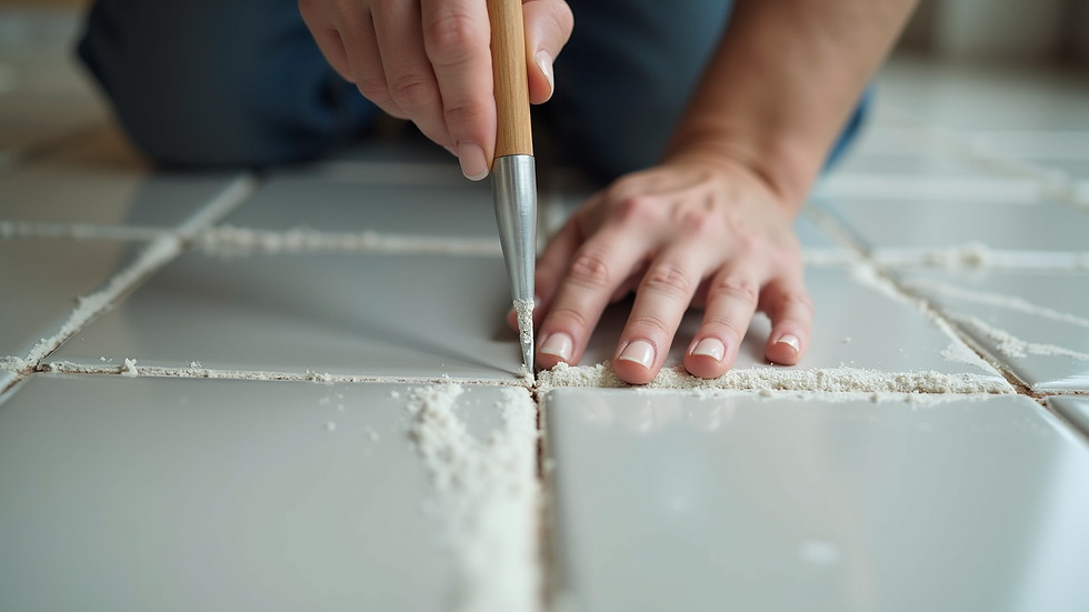 Close-up view of hands applying grout between floor tiles