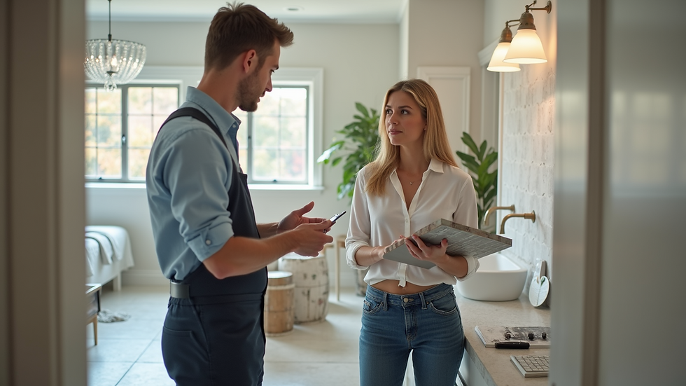 Eye-level view of a remodeling expert discussing tile options with a homeowner