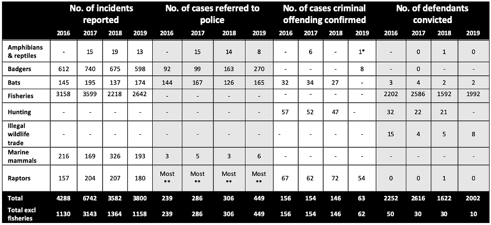 Complex table of wildlife crime cases reported to Wildlife and Countryside Link members
