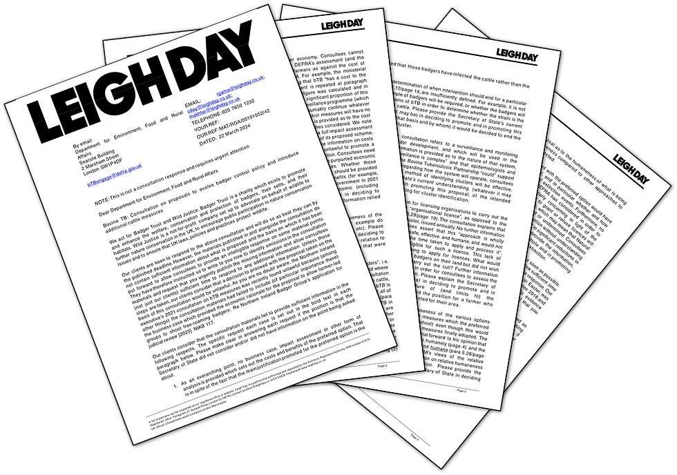 Letter, Leigh Day for Badger Trust and Wild Justice to DEFRA (22.03.2024