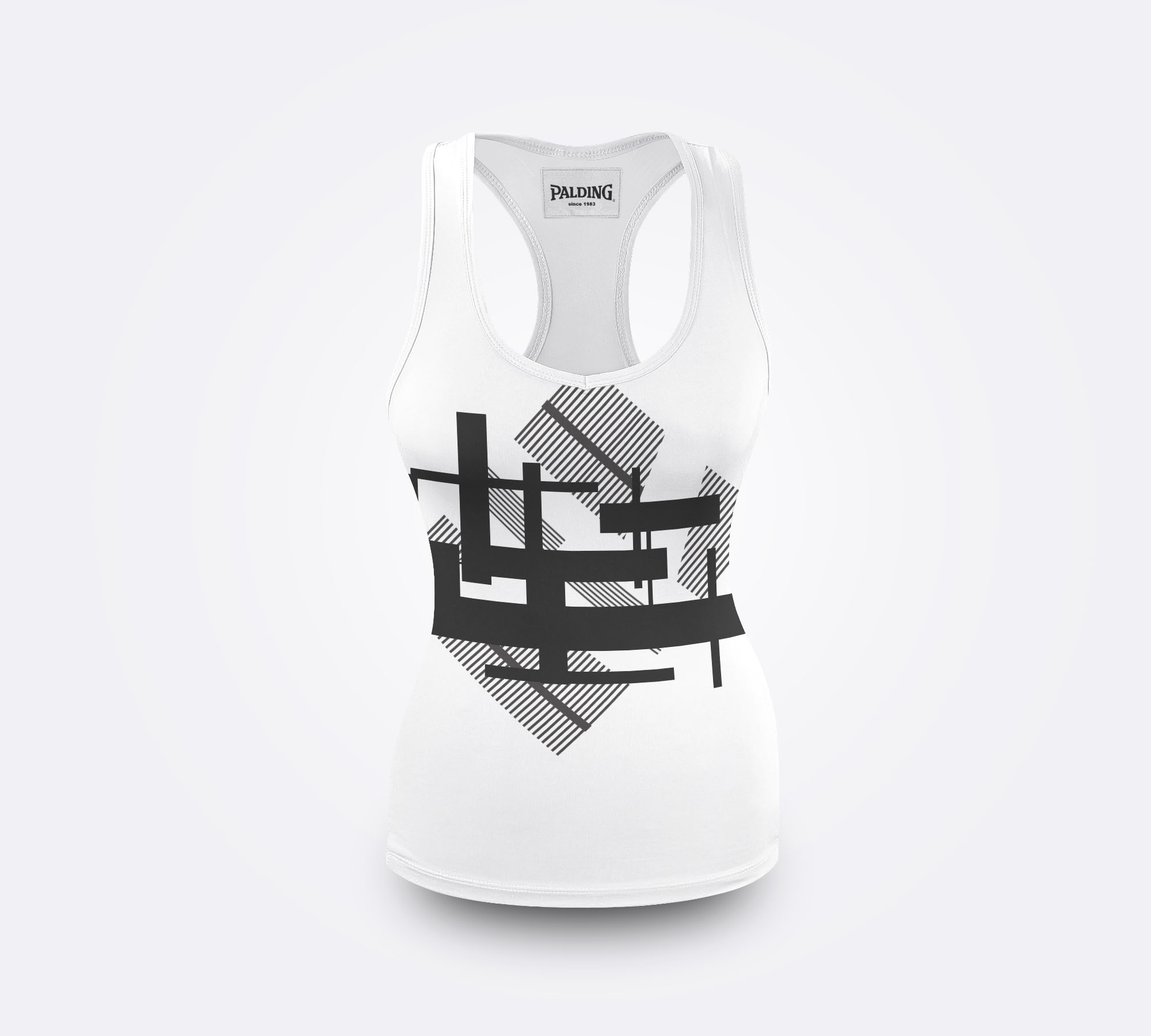 Front View Swim Black White label tank white trim