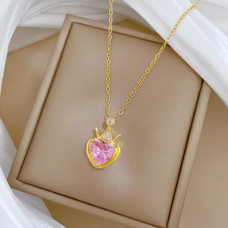 Miniatura: Colares de zircônia de aço inoxidável com coração da moda para mulheres e m