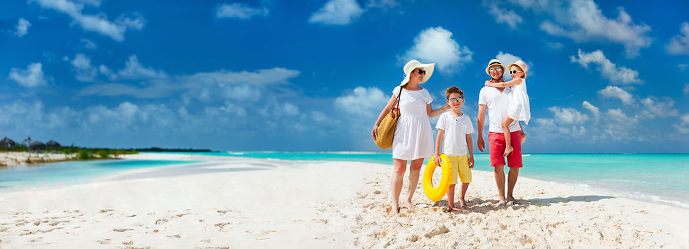 Panorama of happy beautiful family with kids walking together on tropical beach during sum