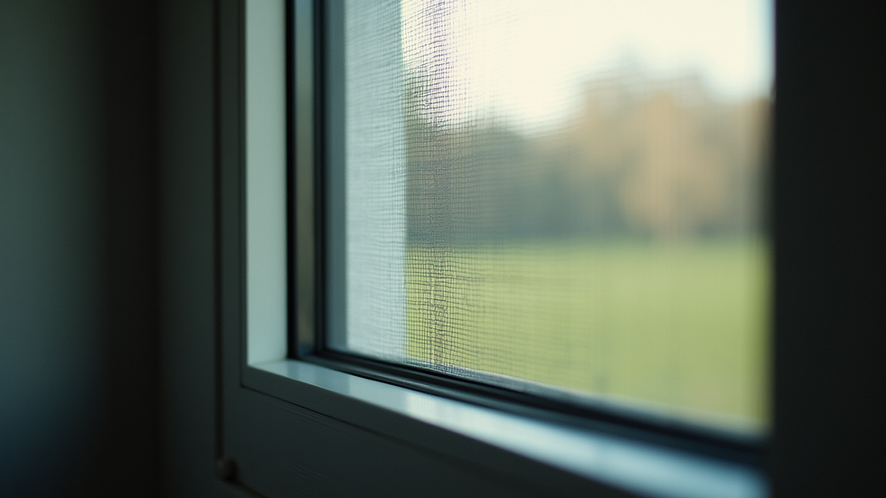 Eye-level view of a sealed window with mesh screen to prevent insects