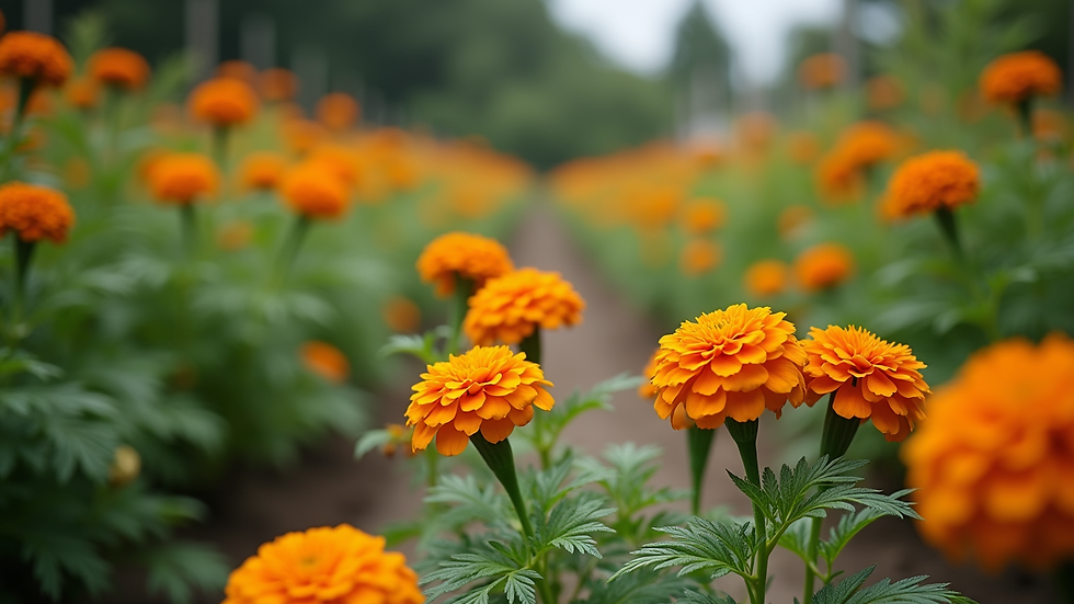 Eye-level view of a garden with marigold flowers planted around vegetable beds