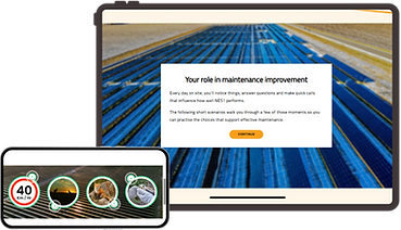 Module imagery: A Rise scenario block around the learner's role in maintenance improvement, and a labelled graphic with four areas to select