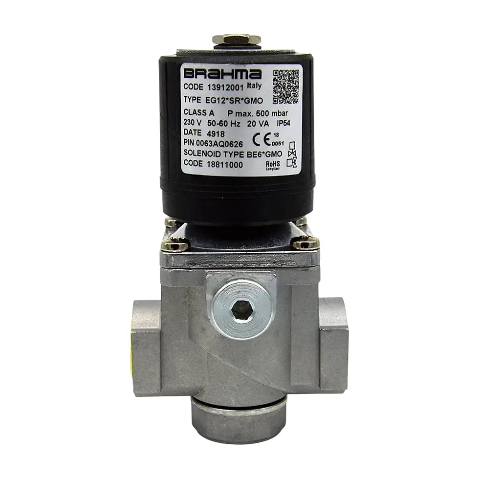 Brahma EG12SR GMO automatic gas solenoid valve featuring a brass body with a 1/2-inch threaded connection