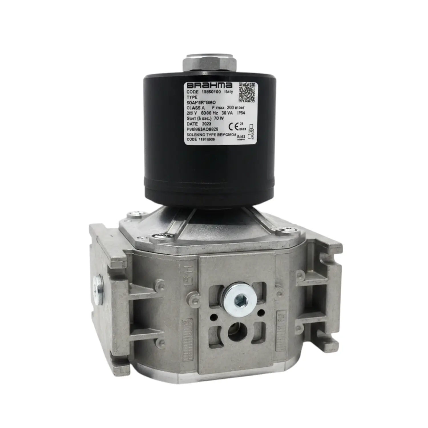 Brahma EG40SR GMO gas solenoid valve, 1/2 inch connection, 230VAC. Part 13950100.