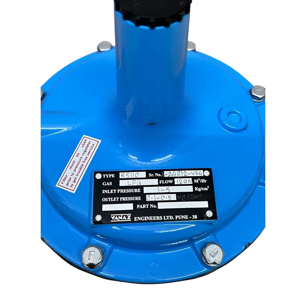Vanaz R5110 safety gas regulator technical parameters label.