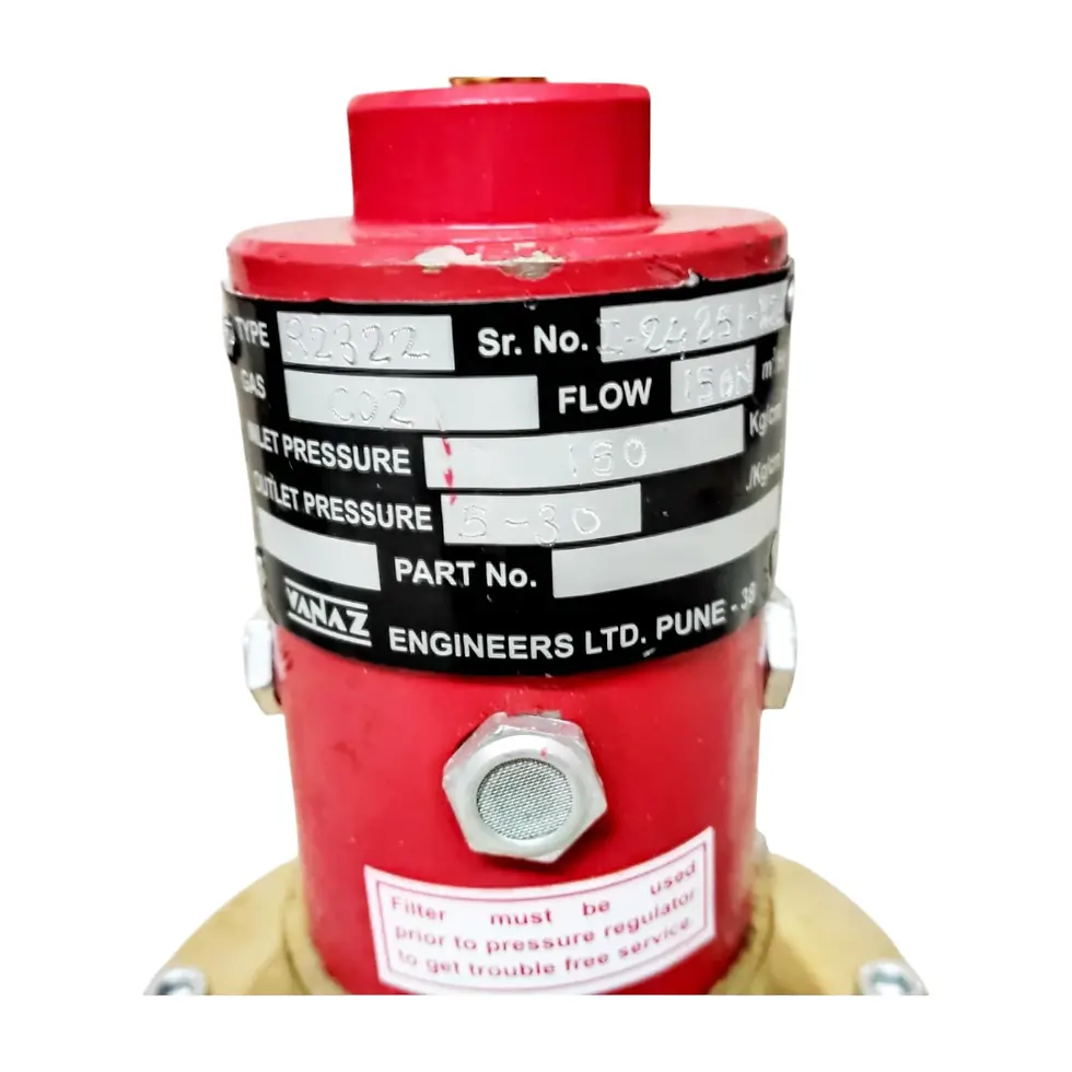 Vanaz R2322 gas regulator pressure test certificate plate.
