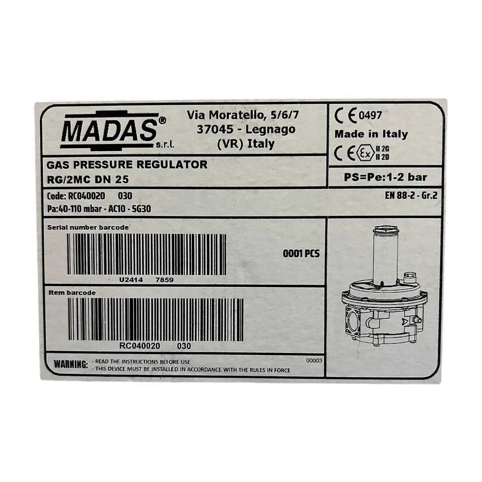 Thumbnail: Madas RG2/MC DN 25 gas regulator technical spec label.