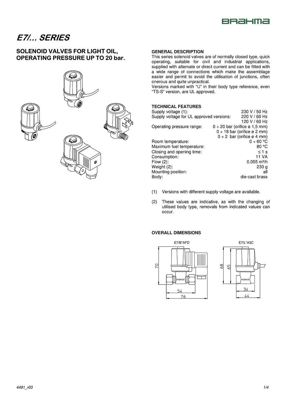 Thumbnail: Brahma technical manual page 1: Cover, product overview, and safety specifications chart.