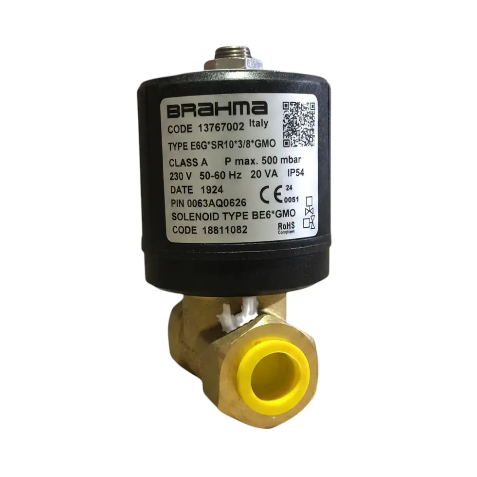 Brahma E6G SR10 GMO gas solenoid valve, 3/8 inch connection, 230VAC. Part 13767002.