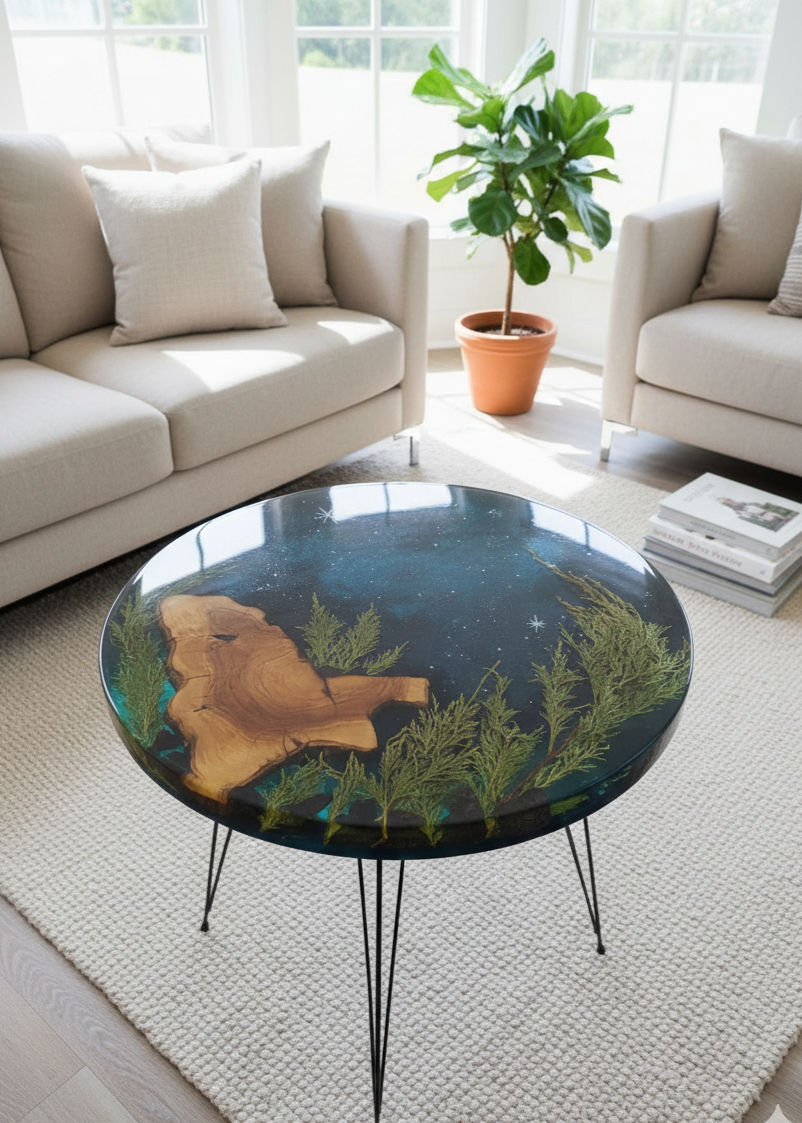 Gerçek çam dallı yıldızlı gece temalı epoksi yan sehpa