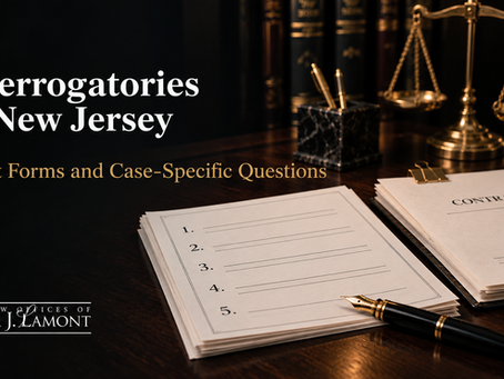 Interrogatories in New Jersey: numbered questions and a contract file on a dark attorney desk